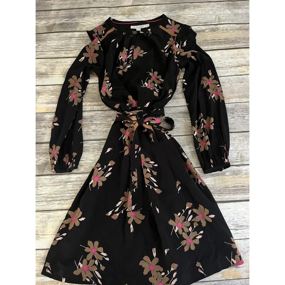 Boden Mara Black Bramble Floral Split Neck Belted Lined Long Sleeve Dress 6 - Picture 3 of 5